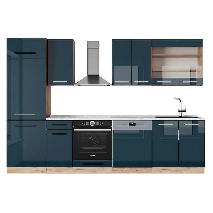 Vicco Küchenzeile Fame-Line Dunkelblau Hochglanz/Goldkraft Eiche, AP Marmor - Breite: 300 cm, Dunkelblau Hochglanz, Ohne Elektrogeräte - Moderne dunkelblaue Hochglanzküche mit integriertem Backofen, Geschirrspüler, Dunstabzug und Spüle. Mit Holzsockel und teils verglasten Oberschränken.