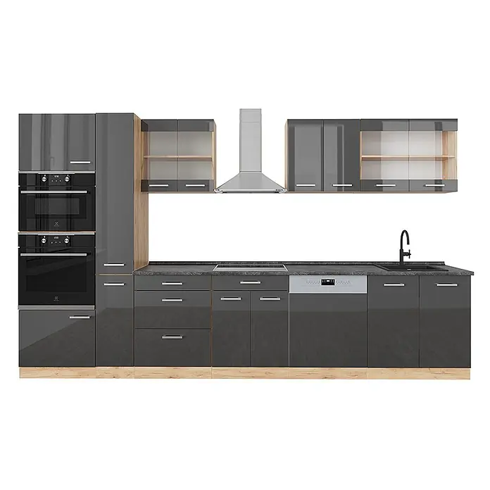 Vicco Küchenzeile R-Line Anthrazit Hochglanz mit Hochschrank, AP Anthrazit - Breite: 350 cm, Anthrazit Hochglanz, Ohne Elektrogeräte - Moderne Küche in glänzendem Grau mit Holzdetails, integriertem Backofen, Kochfeld, Geschirrspüler und Spüle.