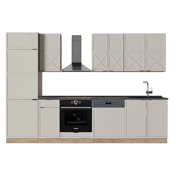 Vicco Küchenzeile Fame-Line GrauBeige/Goldkraft Eiche, AP Anthrazit - Breite: 300 cm, GrauBeige, Ohne Elektrogeräte - Moderne modulare Küche mit hellgrauen Schränken, schwarzem Backofen, grauem Geschirrspüler und dunkler Arbeitsplatte.