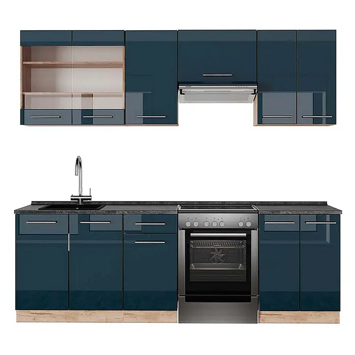Vicco Küchenzeile Fame-Line Dunkelblau Hochglanz/Goldkraft Eiche, AP Anthrazit - Dunkelblau Hochglanz, Ohne Elektrogeräte - Hochglänzende dunkelblaue Küchenschränke mit silbernen Geräten, dunkler Arbeitsplatte und Holzdetails.