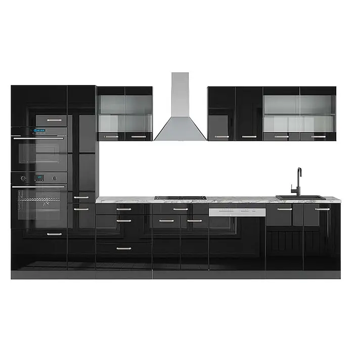 Vicco Küchenzeile R-Line Schwarz Hochglanz/Anthrazit mit Hochschrank, AP Marmor - Breite: 350 cm, Schwarz Hochglanz, Ohne Elektrogeräte - Moderne schwarze Hochglanz-Küchenzeile mit Einbaugeräten und weißer Marmoroptik-Arbeitsplatte.