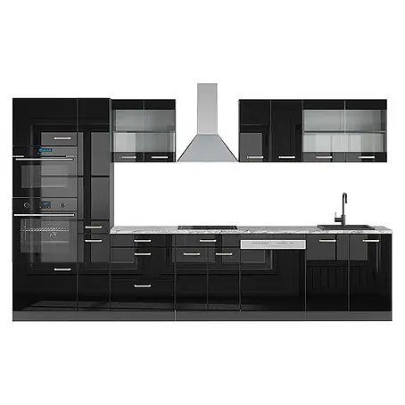 Vicco  Küchenzeile R-Line Schwarz Hochglanz/Anthrazit mit Hochschrank, AP Marmor