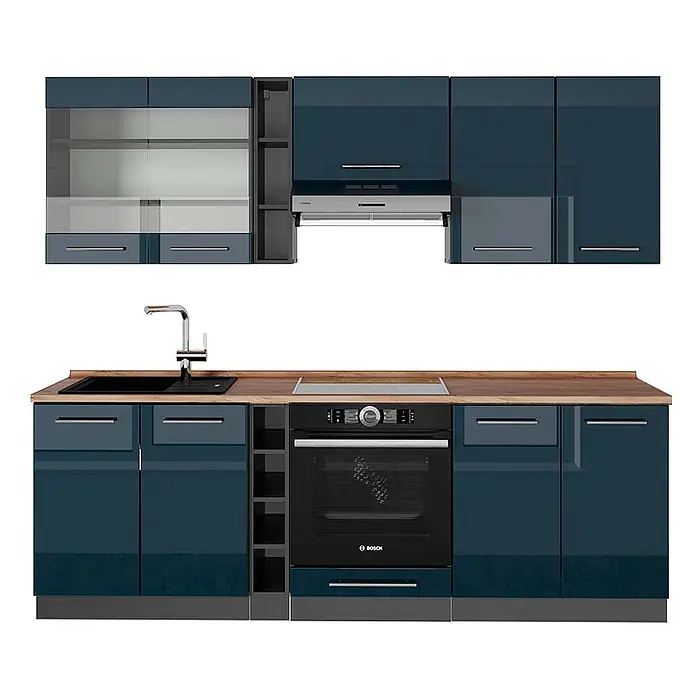 Vicco Küchenzeile Fame-Line Dunkelblau Hochglanz/Anthrazit, AP Eiche - Breite: 235 cm, Dunkelblau Hochglanz, Ohne Elektrogeräte - Moderne Küchenzeile mit dunkelblauen Hochglanzschränken, heller Holzoptik-Arbeitsplatte, Spüle, Kochfeld und Ofen.