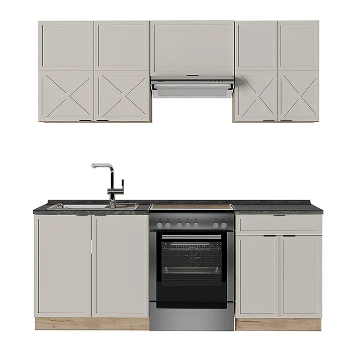 Vicco Küchenzeile Fame-Line GrauBeige/Goldkraft Eiche, AP Anthrazit - Breite: 200 cm, GrauBeige, Ohne Elektrogeräte - Helle, graue Modulküche mit Ober- und Unterschränken, dunkler Arbeitsplatte, Spüle, Herd/Ofen und Dunstabzugshaube. Einige Oberschränke haben dekorative X-Paneele.