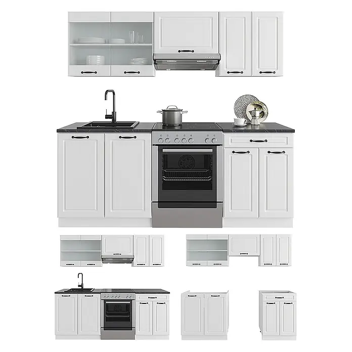Vicco Küchenzeile R-Line Weiß Landhaus/Weiß, AP Marmor - Weiß Landhaus, Ohne Elektrogeräte - Modularer Küchenblock in Weiß mit schwarzen Griffen und Arbeitsplatten. Enthält Schränke, Spüle, Herd und Backofen.