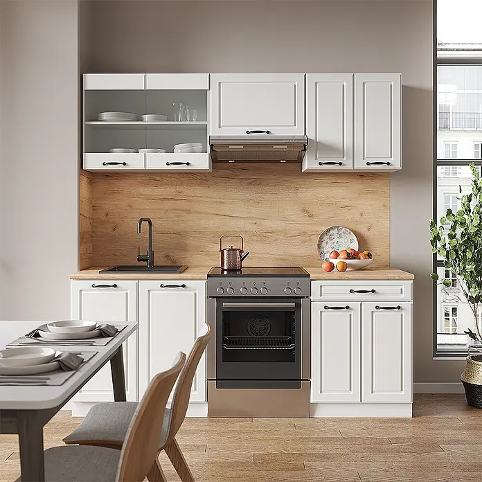 Vicco Küchenzeile R-Line Weiß Landhaus/Weiß, AP Marmor - Weiß Landhaus, Ohne Elektrogeräte - Kompakte weiße Küche mit Holzdetails, integrierter Spüle und Edelstahlherd, ideal für moderne Wohnungen.