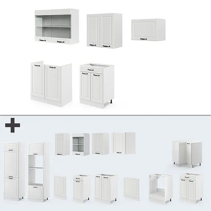 Vicco Küchenzeile R-Line Weiß Landhaus/Weiß, AP Marmor - Weiß Landhaus, Ohne Elektrogeräte - Eine Kollektion verschiedener weißer modularer Küchenschränke, darunter Ober-, Unter- und Hochschränke, passend für diverse Küchenlayouts.