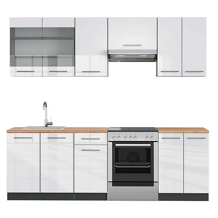 Vicco Küchenzeile Fame-Line Weiß Hochglanz/Anthrazit, AP Eiche - Weiß Hochglanz, Ohne Elektrogeräte - Moderne weiße Hochglanz-Küchenzeile mit Holzplatte, Spüle und integriertem Backofen.