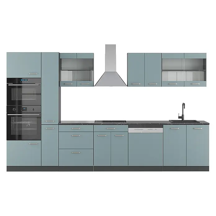 Vicco Küchenzeile R-Line, Blau-Grau/Anthrazit, 350 cm -  - Modulare Küche mit hellblauen Schränken, schwarzen Arbeitsplatten, integrierten Öfen, Kochfeld, Dunstabzugshaube, Spüle und Geschirrspüler.