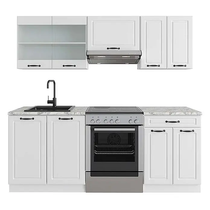 Vicco Küchenzeile R-Line Weiß Landhaus/Weiß, AP Marmor - Weiß Landhaus, Ohne Elektrogeräte - Weiße Küchenzeile mit schwarzer Spüle, Armatur und silbernem integriertem Backofen/Kochfeld. Weiße Schränke mit schwarzen Griffen, helle Marmor-Arbeitsplatte.