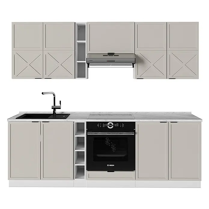 Vicco Küchenzeile Fame-Line GrauBeige/Weiß, AP Marmor - Breite: 235 cm, GrauBeige, Ohne Elektrogeräte - Hellbeige Küchenzeile mit Ober- und Unterschränken, schwarzer Spüle, Backofen und weißer Marmorarbeitsplatte.