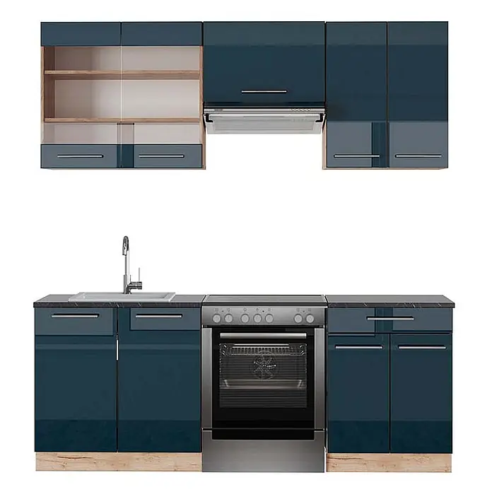 Vicco Küchenzeile Fame-Line Dunkelblau Hochglanz/Goldkraft Eiche, AP Anthrazit - Dunkelblau Hochglanz, Ohne Elektrogeräte - Moderne, dunkelblaue Küchenzeile mit glänzenden Schränken, grauer Arbeitsplatte, integriertem Ofen, Kochfeld, Spüle und Dunstabzugshaube.