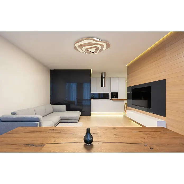Globo LED-Deckenleuchte Jacks - L x B x H: 580 x 500 x 100 mm - Organische Deckenleuchte aus Holz und Weiß in Schichten in einem modernen Wohnzimmer.