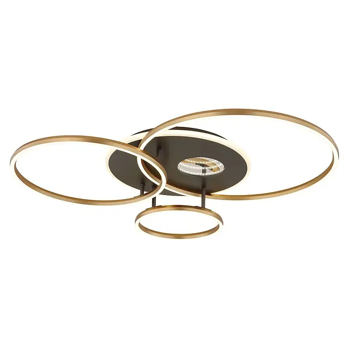 Globo LED-Deckenleuchte Invertina - 54 W, L x B x H: 900 x 700 x 130 mm - Moderne LED-Deckenleuchte mit gold/messingfarbenen ineinandergreifenden Ringen und dunkler Basis.