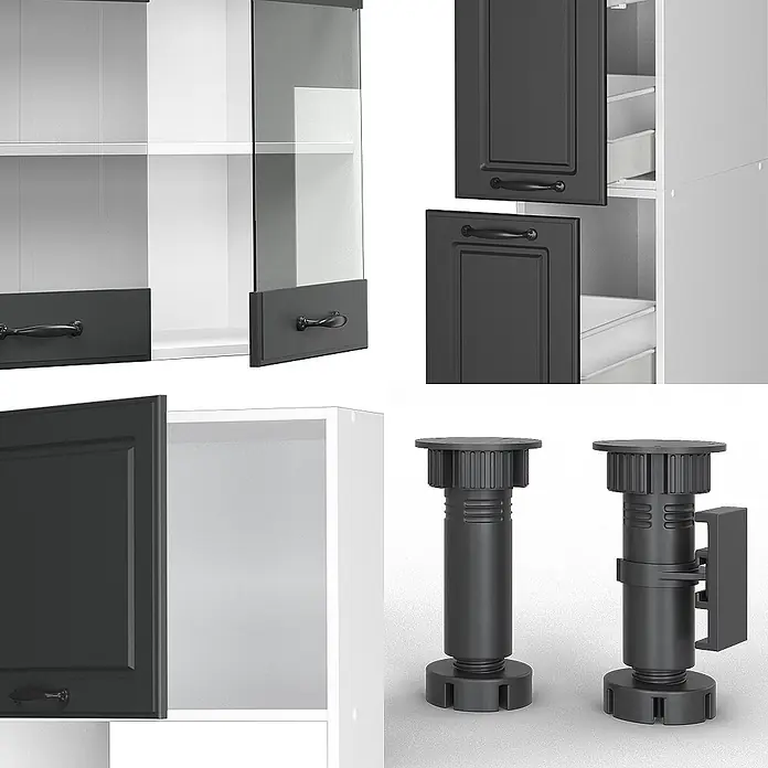 Vicco Küchenzeile R-Line Anthrazit Landhaus/Weiß mit Hochschrank, AP Anthrazit - Anthrazit Landhaus, Ohne Elektrogeräte - Modulare Küchenschrankkomponenten: dunkelgraue Türen, ein Wandschrank mit Glasfront und schwarze verstellbare Füße.