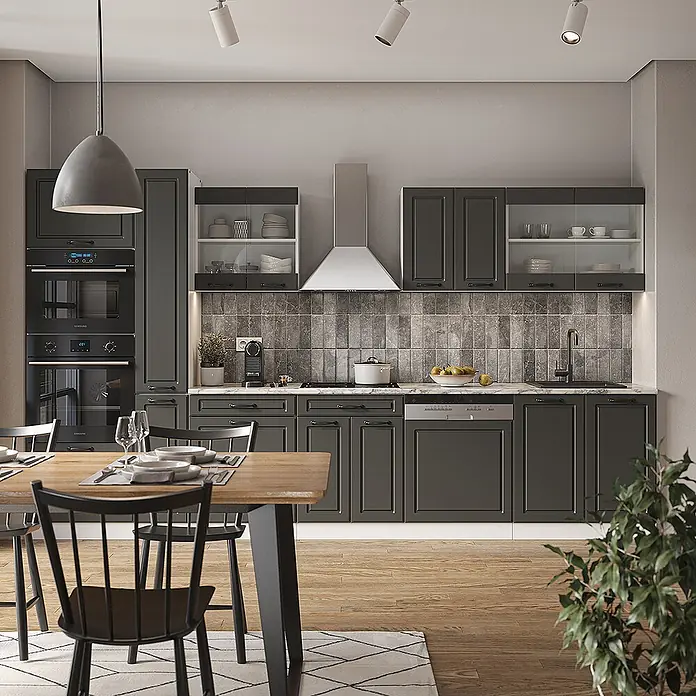 Vicco Küchenzeile R-Line Anthrazit Landhaus/Weiß mit Hochschrank, AP Anthrazit - Anthrazit Landhaus, Ohne Elektrogeräte - Dunkelgraue moderne Küche mit Schranktüren im Shaker-Stil, integrierten Öfen und hellem Holztisch.