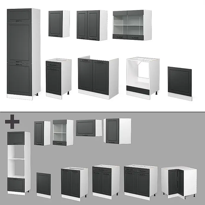 Vicco Küchenzeile R-Line Anthrazit Landhaus/Weiß ohne Arbeitsplatte - Breite: 300 cm, Anthrazit Landhaus, Ohne Elektrogeräte - Modulares Küchenschranksystem mit weißen Rahmen und dunkelgrauen Fronten, inklusive verschiedener Wand-, Unter- und Hochschränke.