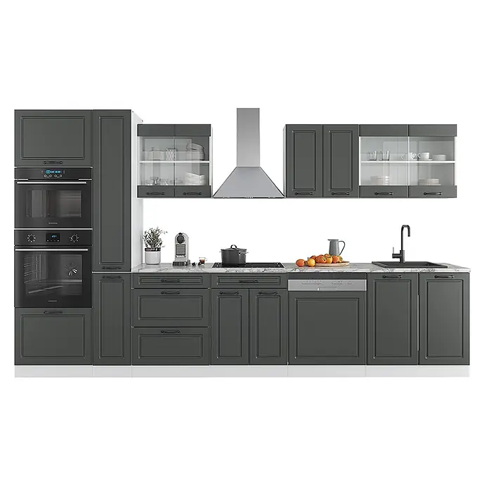 Vicco Küchenzeile R-Line Anthrazit Landhaus/Weiß mit Hochschrank, AP Anthrazit - Anthrazit Landhaus, Ohne Elektrogeräte - Dunkelgraue Modulküche mit Marmoroptik-Arbeitsplatte, integrierten Öfen, Induktionskochfeld, Geschirrspüler, Dunstabzugshaube und Spüle. Glaseinsatzschränke.