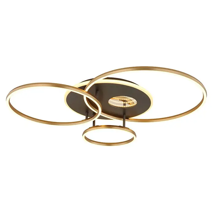 Globo LED-Deckenleuchte Invertina - 54 W, L x B x H: 900 x 700 x 130 mm - Moderne LED-Deckenleuchte mit goldenen Ringen und dunkler Basis, mit verschlungenen beleuchteten Ringen.