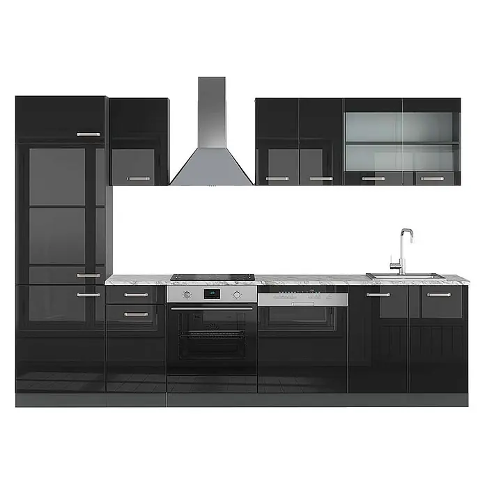 Vicco Küchenzeile R-Line Schwarz Hochglanz/Anthrazit, AP Marmor - Breite: 300 cm, Schwarz Hochglanz, Ohne Elektrogeräte - Schwarze Hochglanz-Modulküche mit integrierten Geräten, Marmor-Arbeitsplatte und Edelstahlspüle/Dunstabzug.