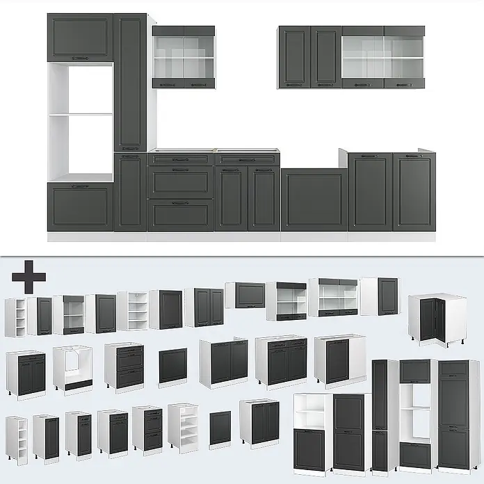 Vicco Küchenzeile R-Line Anthrazit Landhaus/Weiß mit Hochschrank, AP Anthrazit - Anthrazit Landhaus, Ohne Elektrogeräte - Modulares Küchensystem mit dunkelgrauen Fronten und weißen Korpen. Umfasst verschiedene Unter-, Wand- und Hochschränke, teils mit Glas oder offenen Regalen.