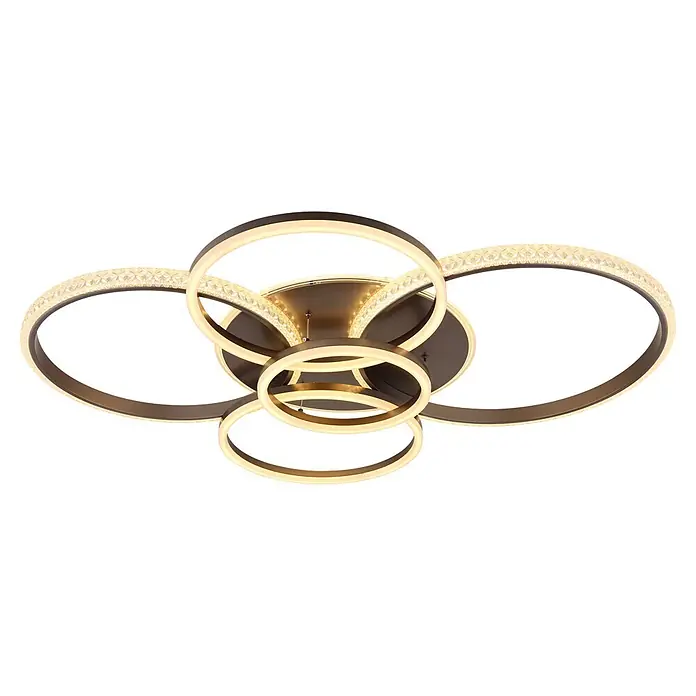 Globo LED-Deckenleuchte Lorelei - 70 W, L x B x H: 1.100 x 880 x 115 mm, Warmweiß - Moderne LED-Deckenleuchte aus dunkler Bronze mit ineinandergreifenden beleuchteten Ringen, teils mit kristallähnlichen Details.