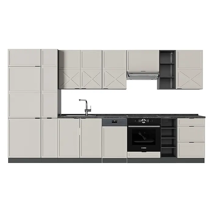 Vicco Küchenzeile Fame-Line GrauBeige/Anthrazit, AP Anthrazit - Breite: 355 cm, GrauBeige, Ohne Elektrogeräte - Helle beige Küchenschränke mit dunkler Arbeitsplatte, Spüle, Backofen und Geschirrspüler, inklusive offener Regale.