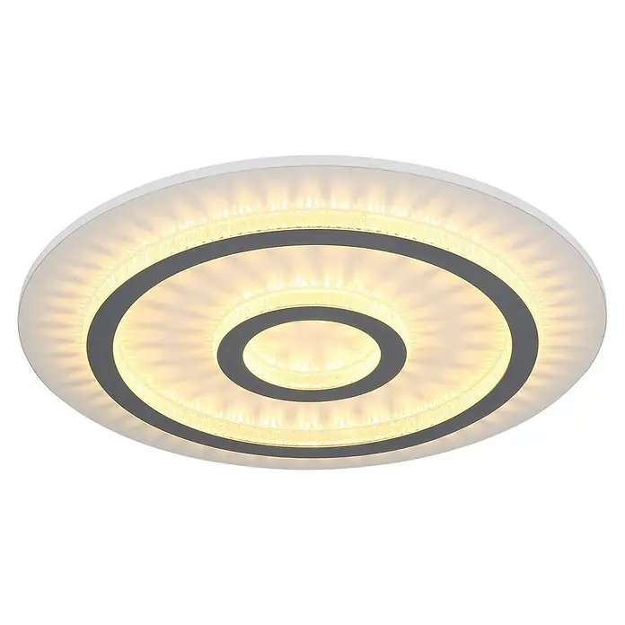 Globo LED-Deckenleuchte rund Jayden - 40 W, Ø x H: 45 x 5,5 cm - Moderne LED Deckenleuchte mit weißem Sockel, schwarzen konzentrischen Ringen und beleuchteten strukturierten Klarglasringen.