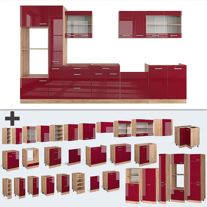 Vicco Küchenzeile R-Line Rot Hochglanz mit Hochschrank, ohne Arbeitsplatte - Rot Hochglanz, Ohne Elektrogeräte - Modulares Küchenschranksystem mit hochglänzenden roten Fronten und hellen Holzrahmen, montiert und als Einzelmodule gezeigt.