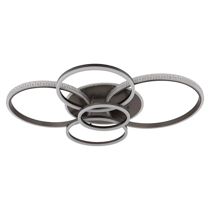 Globo LED-Deckenleuchte Lorelei - 70 W, L x B x H: 1.100 x 880 x 115 mm, Warmweiß - Moderne Deckenleuchte mit dunklem Bronze-Finish und ineinandergreifenden Ringen, mit glatten weißen und klaren gemusterten LED-Diffusoren.