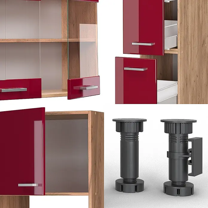 Vicco Küchenzeile R-Line Rot Hochglanz mit Hochschrank, ohne Arbeitsplatte - Rot Hochglanz, Ohne Elektrogeräte - Rote Hochglanz- und helle Holz-Modulschränke mit Glastüren, Schubladen und verstellbaren schwarzen Kunststoff-Möbelfüßen.