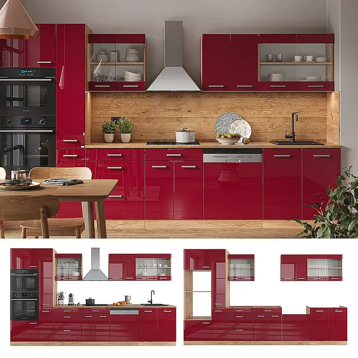 Vicco Küchenzeile R-Line Rot Hochglanz mit Hochschrank, ohne Arbeitsplatte - Rot Hochglanz, Ohne Elektrogeräte - Moderne Küche mit glänzend roten Schränken, Holzdetails und integrierten Geräten.