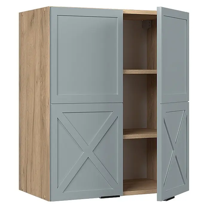 Vicco Hängeschrank Fame-Line, Hellblau-grau, 60 cm -  - Zweifarbiger Schrank mit heller Holzoptik und hellgrauen Türen mit Rahmen- und X-Streben-Design, eine Seite offen mit Regalen.