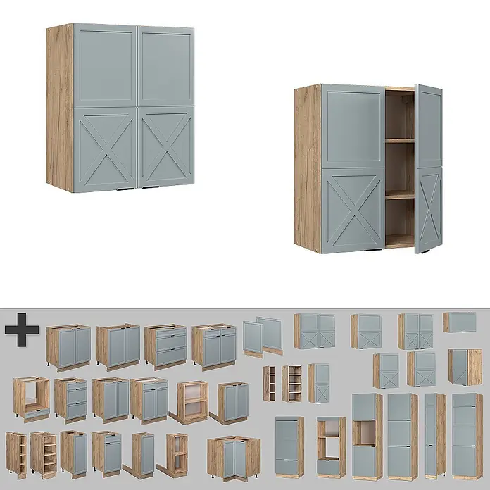 Vicco Hängeschrank Fame-Line, Hellblau-grau, 60 cm -  - Modulares Küchenschranksystem mit hellem Holzdekor und hellgrauen Fronten, inklusive Unter-, Ober- und Hochschränken mit Regalen und Schubladen.