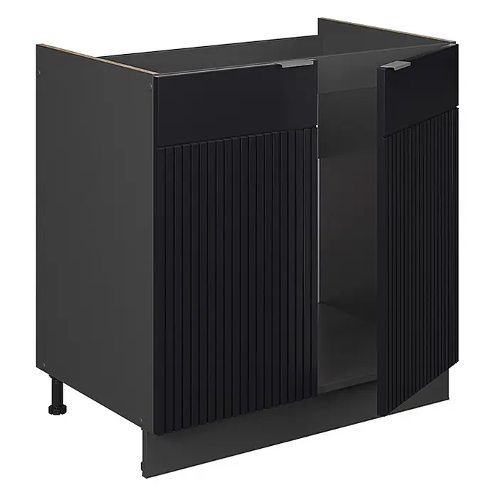 Vicco Schrankküche Fame-Line Schwarz gestreift ohne Arbeitsplatte - Schwarz gestreift, Spülenunterschrank 80 cm - Dunkelgrauer Küchenunterschrank mit geriffelten Türen und integrierten Metallgriffen. Eine Tür ist leicht geöffnet.