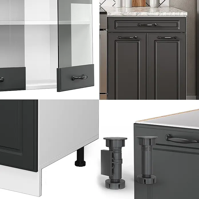 Vicco Küchenzeile R-Line Anthrazit Landhaus/Weiß ohne Arbeitsplatte - Breite: 200 cm, Anthrazit Landhaus, Ohne Elektrogeräte - Dunkelgraue Küchenschrankteile: Glas- und Volltüren, dunkle Griffe und verstellbare Nivellierfüße.