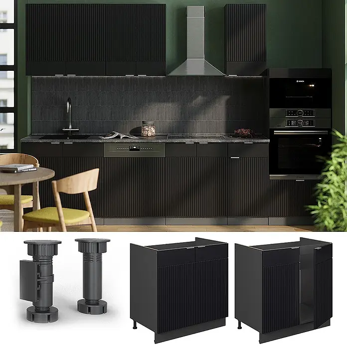 Vicco Schrankküche Fame-Line Schwarz gestreift ohne Arbeitsplatte - Schwarz gestreift, Spülenunterschrank 80 cm - Modulares Küchensystem mit schwarzen geriffelten Schränken, integrierten Geräten und Nahaufnahmen von Schrankkomponenten mit verstellbaren Füßen.