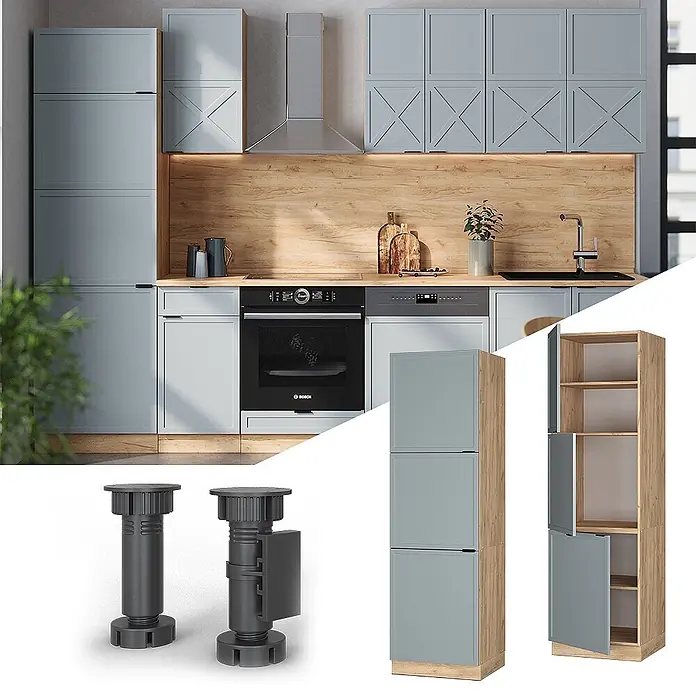 Vicco Schrankküche Fame-Line Hellblau-grau - Hellblau-grau, Vorratsschrank 60 cm Hoch - Moderne Küche mit hellgrau-blauen Schränken, Holzrückwand, Einbaugeräten. Details zeigen verstellbare Füße und Schrankinneres.