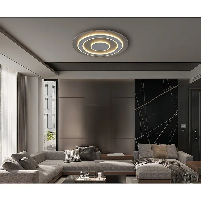 Globo LED-Deckenleuchte rund Jayden - 50 W, Ø x H: 60 x 4,6 cm, Warmweiß - Moderne runde Deckenleuchte mit konzentrischen Leuchtringen in einem stilvollen Wohnzimmer.