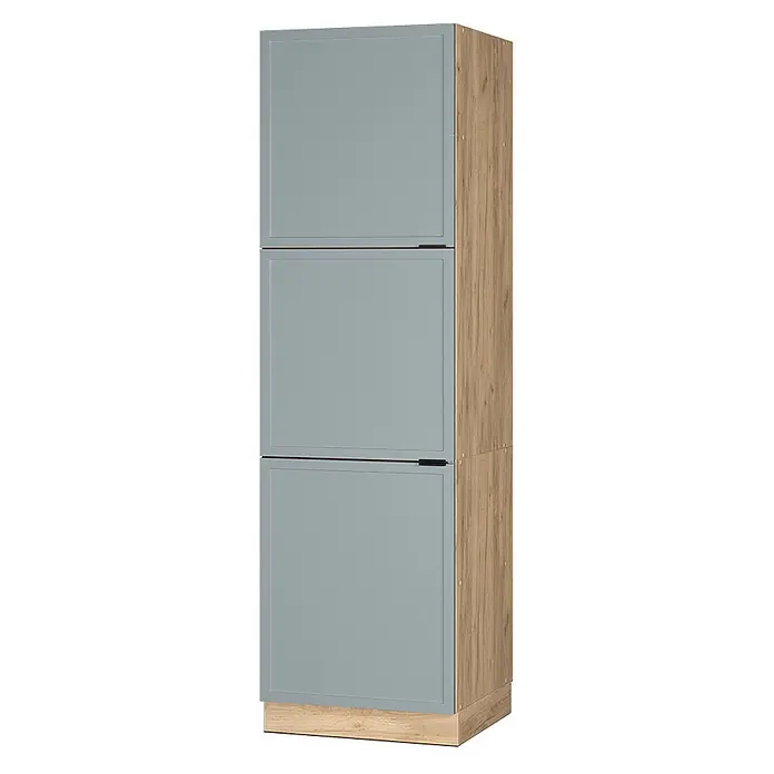 Vicco Schrankküche Fame-Line Hellblau-grau - Hellblau-grau, Vorratsschrank 60 cm Hoch - Hoher Aufbewahrungsschrank mit drei hellgrauen Türen und Holzoptik-Seitenwand und -Sockel.
