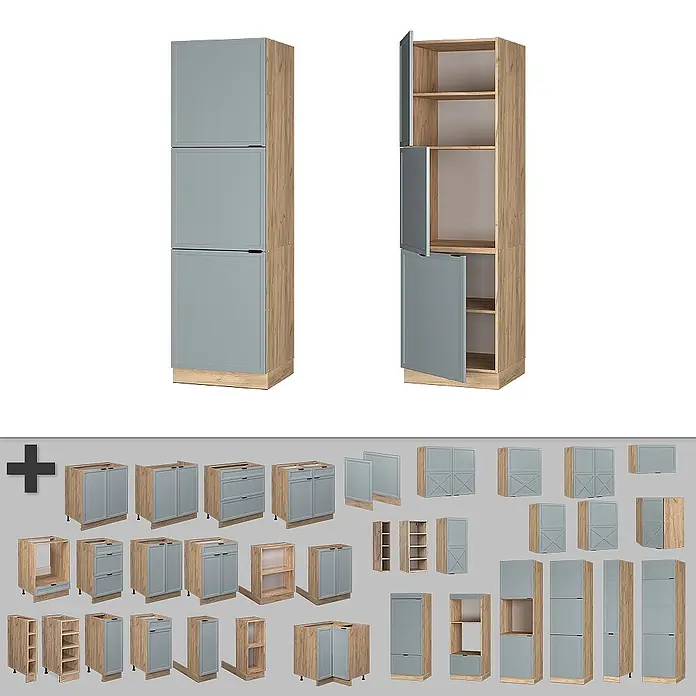 Vicco Schrankküche Fame-Line Hellblau-grau - Hellblau-grau, Vorratsschrank 60 cm Hoch - Modulare Küchenmöbel mit hellgrauen Türen und hellen Holzrahmen, darunter ein Hochschrank und verschiedene Unter- und Oberschränke.