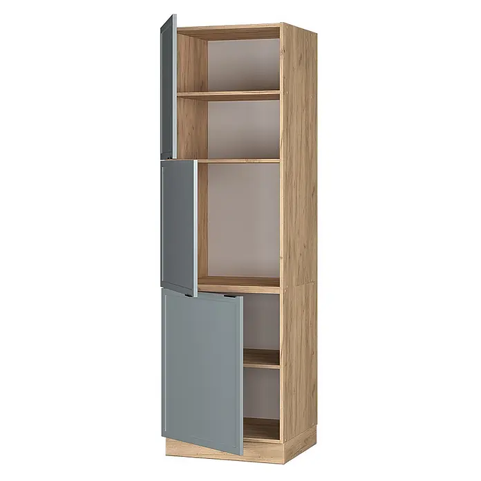 Vicco Schrankküche Fame-Line Hellblau-grau - Hellblau-grau, Vorratsschrank 60 cm Hoch - Hoher Holzschrank mit offenen Regalen und drei grauen Türen, von denen zwei leicht geöffnet sind.
