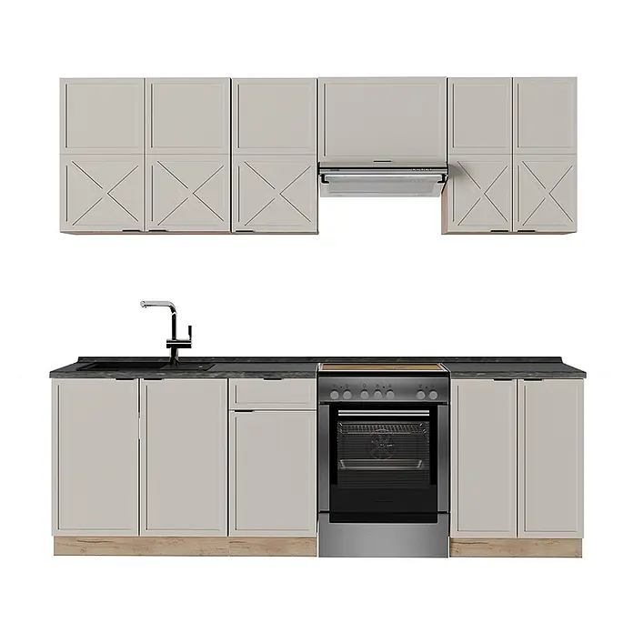 Vicco Küchenzeile Fame-Line GrauBeige/Goldkraft Eiche, AP Anthrazit - Breite: 240 cm, GrauBeige, Ohne Elektrogeräte - Helle beige Küchenzeile mit dunkler Arbeitsplatte, Spüle, Backofen und Dunstabzugshaube. Mit Kreuzpaneel-Oberschränken und Holzsockel.