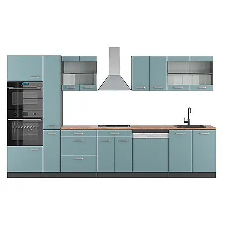 Vicco  Küchenzeile R-Line Blau-Grau/Anthrazit mit Hochschrank, AP Eiche