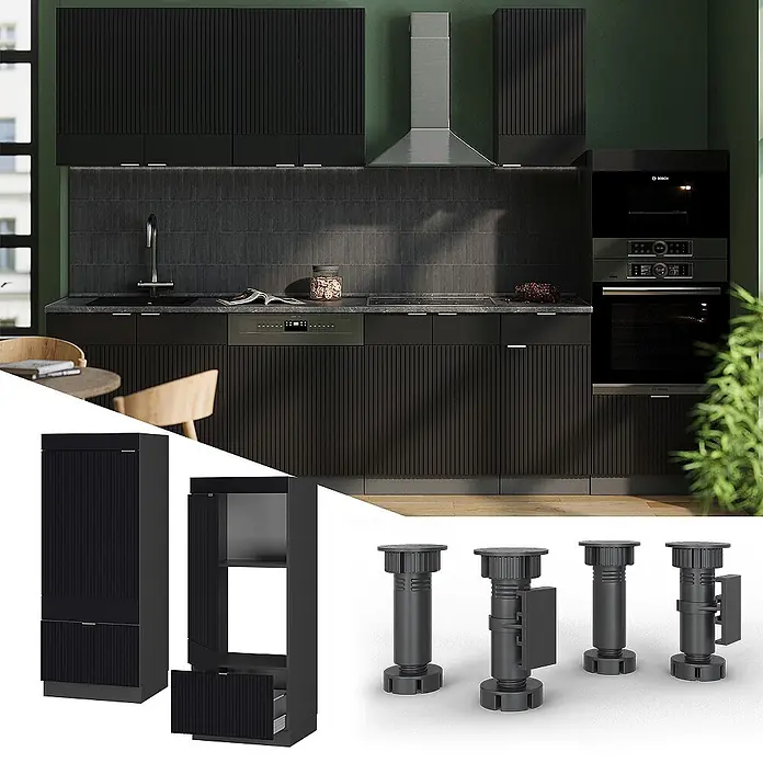 Vicco Schrankküche Fame-Line Schwarz gestreift - Schwarz gestreift, Mikrowellenumbauschrank 60 cm - Schwarze geriffelte Küchenschränke in moderner Küchenumgebung, dazu verstellbare schwarze Möbelfüße.