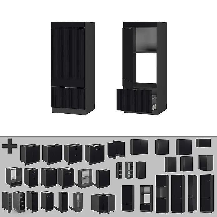Vicco Schrankküche Fame-Line Schwarz gestreift - Schwarz gestreift, Mikrowellenumbauschrank 60 cm - Eine Kollektion schwarzer Küchenschränke und -module, viele mit geriffelten Fronten, für modernes Küchendesign.
