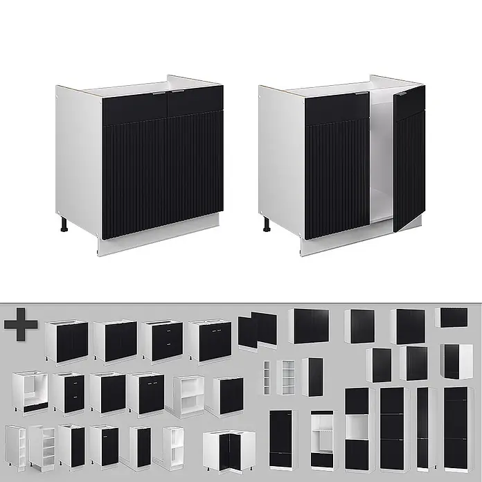 Vicco Spülenunterschrank Fame-Line, Schwarz gestreift, 80 cm -  - Schwarze gerippte Küchenunterschränke mit Schubladen und Türen, zusammen mit passenden Schrankmodulen.