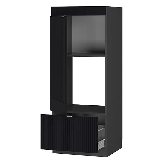 Vicco Schrankküche Fame-Line Schwarz gestreift - Schwarz gestreift, Mikrowellenumbauschrank 60 cm - Dunkelgrauer Hochschrank mit geriffelten Fronten, eine obere Tür teilweise geöffnet, eine untere Schublade teilweise geöffnet.