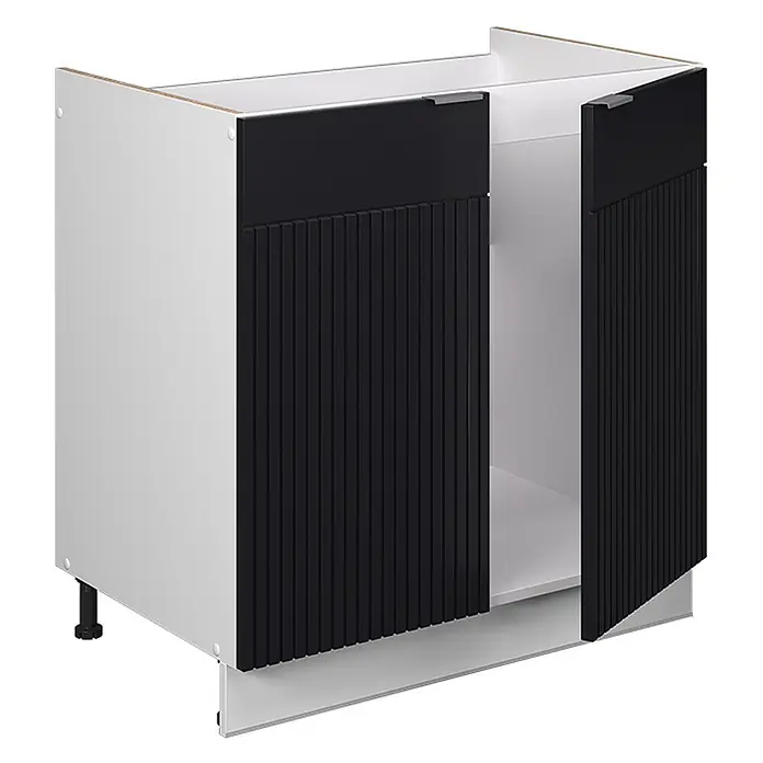 Vicco Spülenunterschrank Fame-Line, Schwarz gestreift, 80 cm -  - Küchenunterschrank mit schwarzen Türen (oben glatt, unten geriffelt), auf weißem Rahmen mit verstellbaren Füßen.