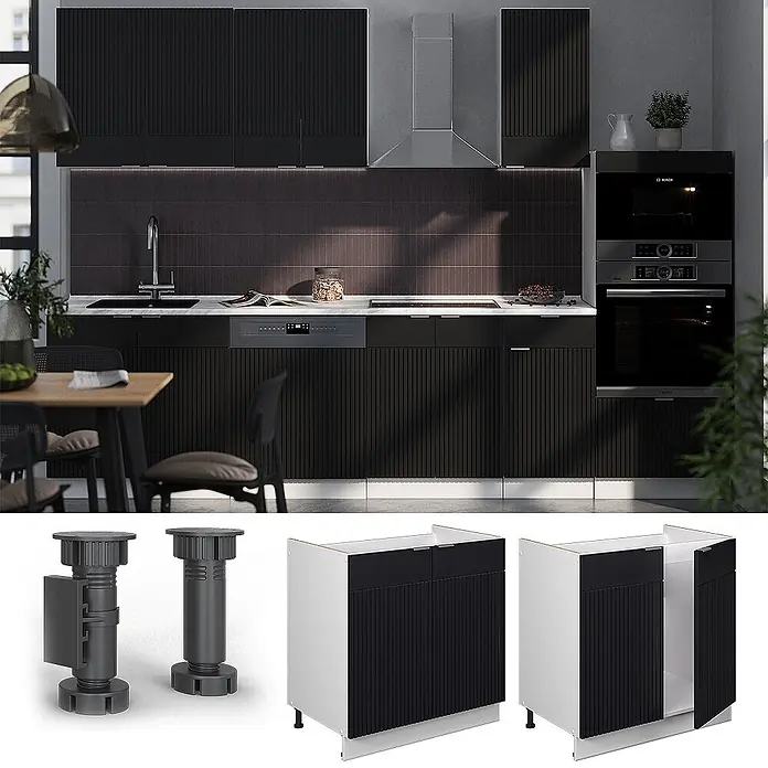 Vicco Schrankküche Fame-Line Schwarz gestreift, AP Eiche - Schwarz gestreift, Spülenunterschrank 80 cm, AP Eiche - Schwarze geriffelte Küchenunterschränke und Oberschränke in moderner Küche, sowie verstellbare Möbelfüße und Unterschrankeinheiten.